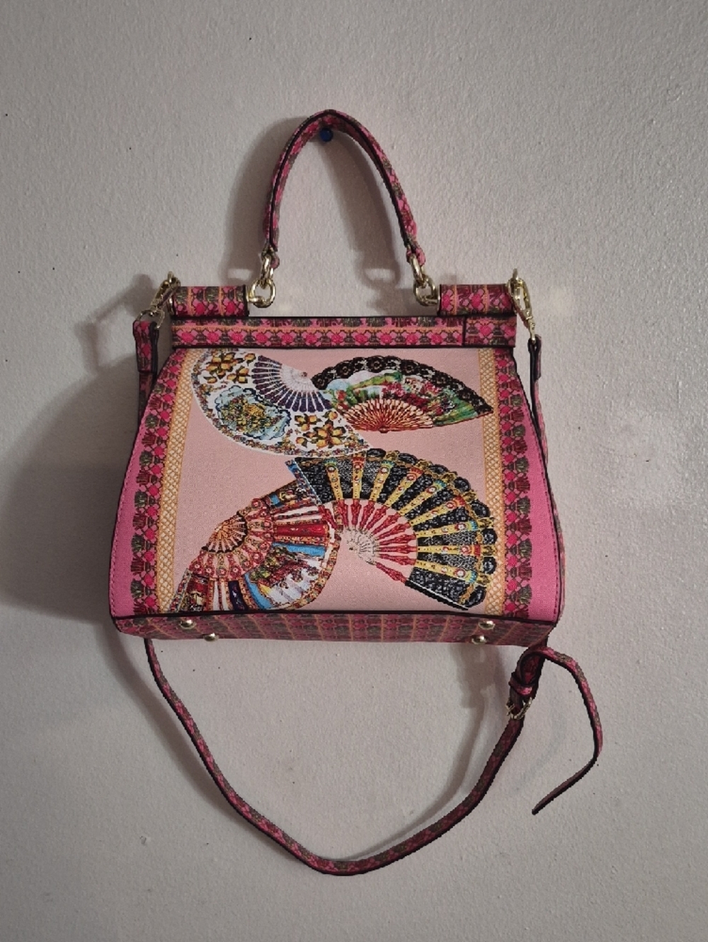 Pink Fan-Embellished Top-Handle Satchel - Picture 2 of 9